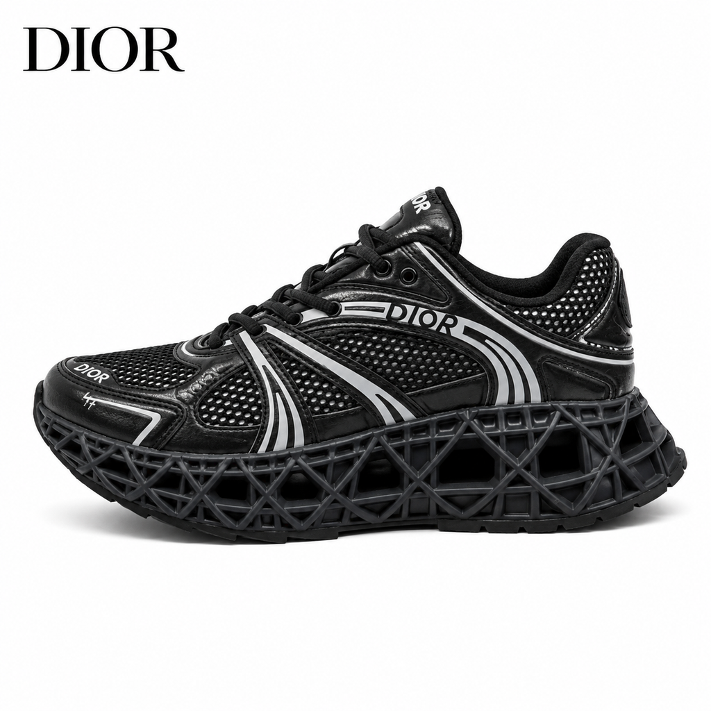 Dior Vibe Sneaker — Triple Black & Silver Reflective, 3D Lattice Sole, Unisex EU 35–46