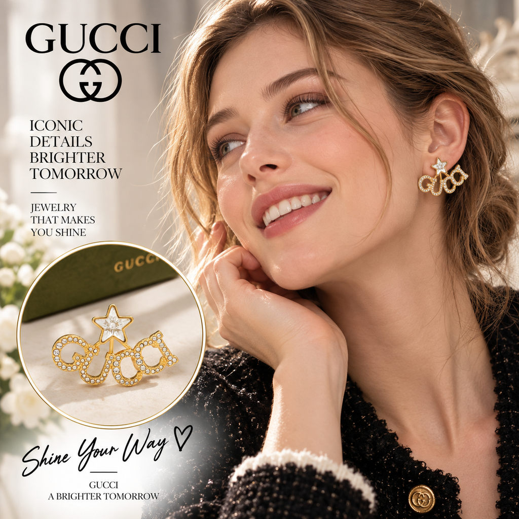 GUCCI Gold-Tone Crystal Script Logo Star Earrings