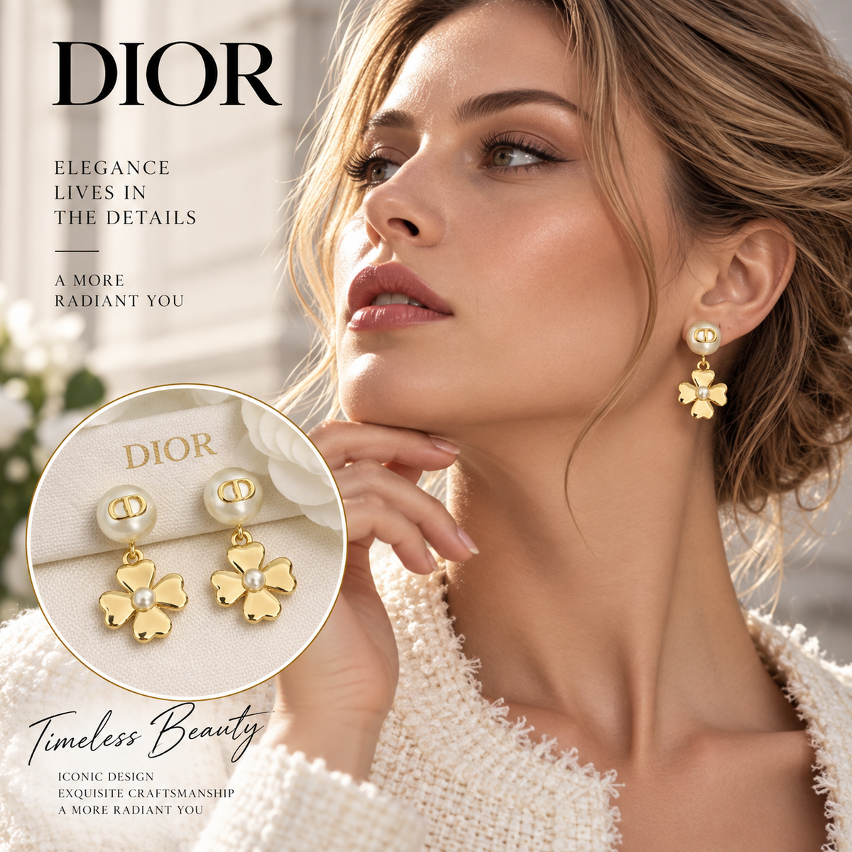 DIOR P50 Pearl Clover Earrings - Four-Leaf Design