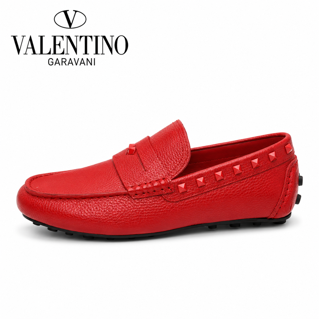 Valentino Red Studded Driving Loafers with Textured Finish