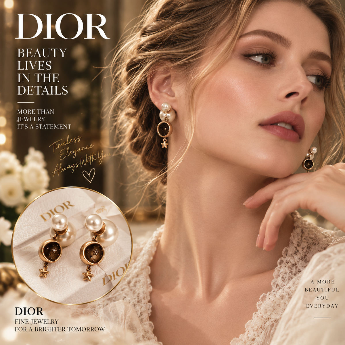 DIOR Pearl-Style Star Drop Earrings with Black Round Accents