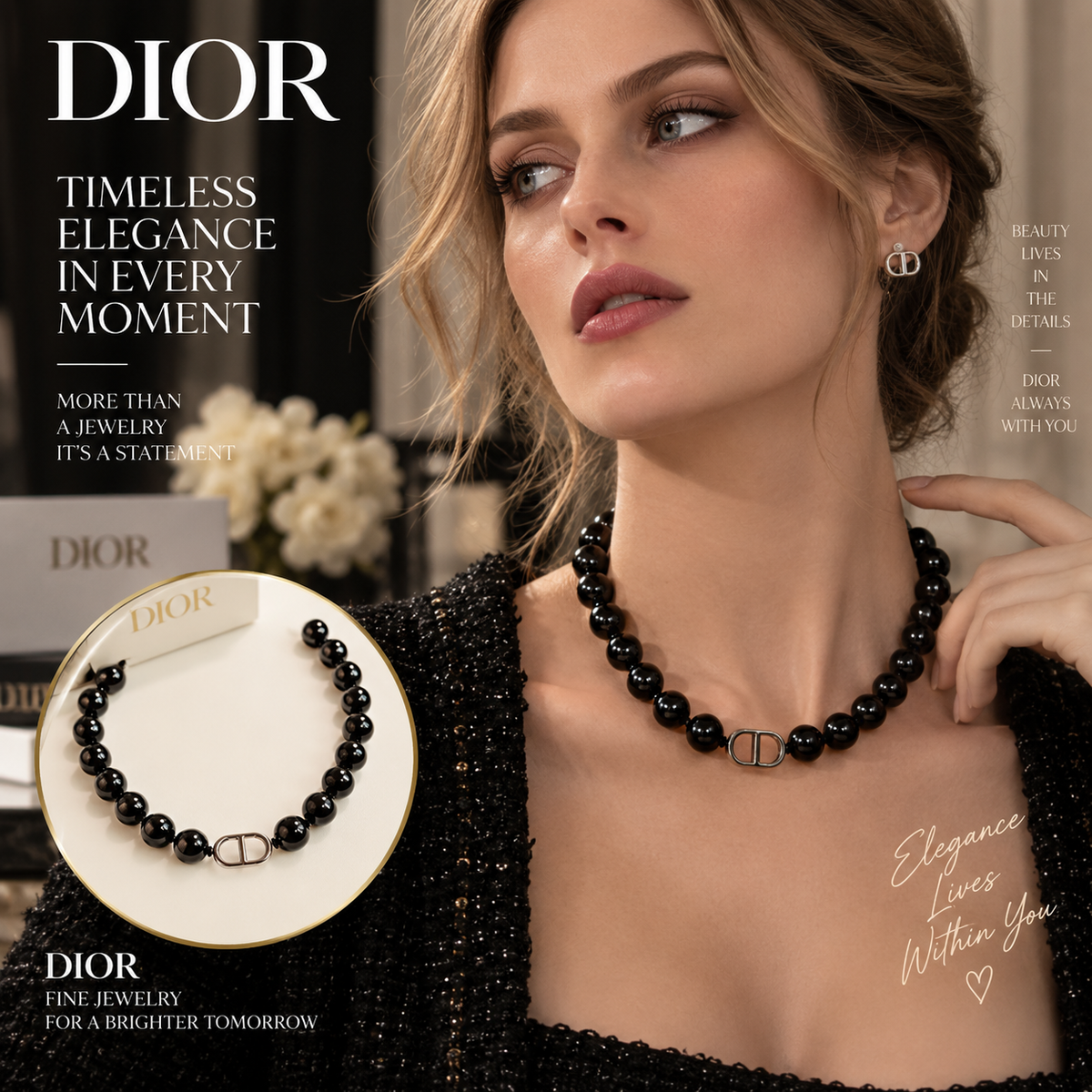 DIOR Glossy Black Beaded Necklace with Oval CD Accent