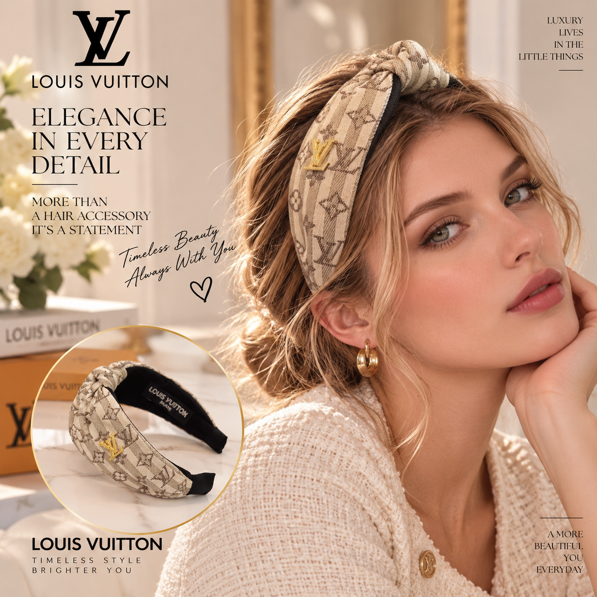 LOUIS VUITTON Beige Monogram Top-Knot Headband
