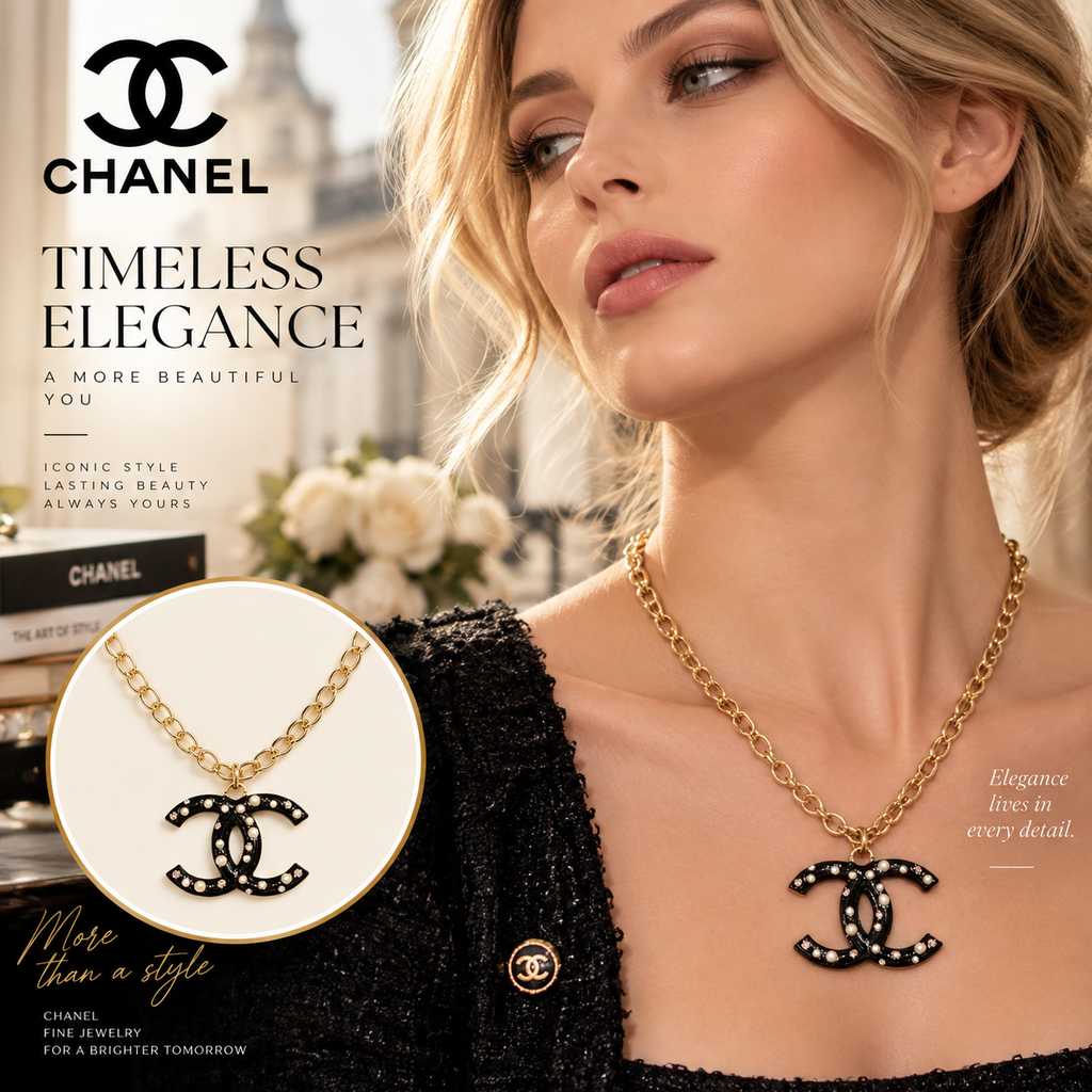 CHANEL Black Double-C Pendant Necklace with Pearl Studs