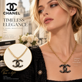 CHANEL Black Double-C Pendant Necklace with Pearl Studs