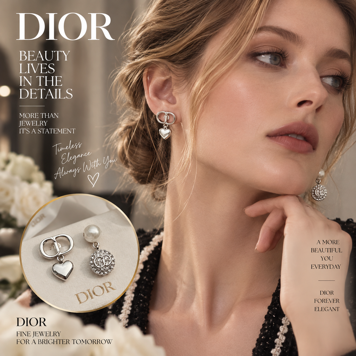 DIOR Asymmetric Pearl-Style Earrings with Heart & Round CD Charms