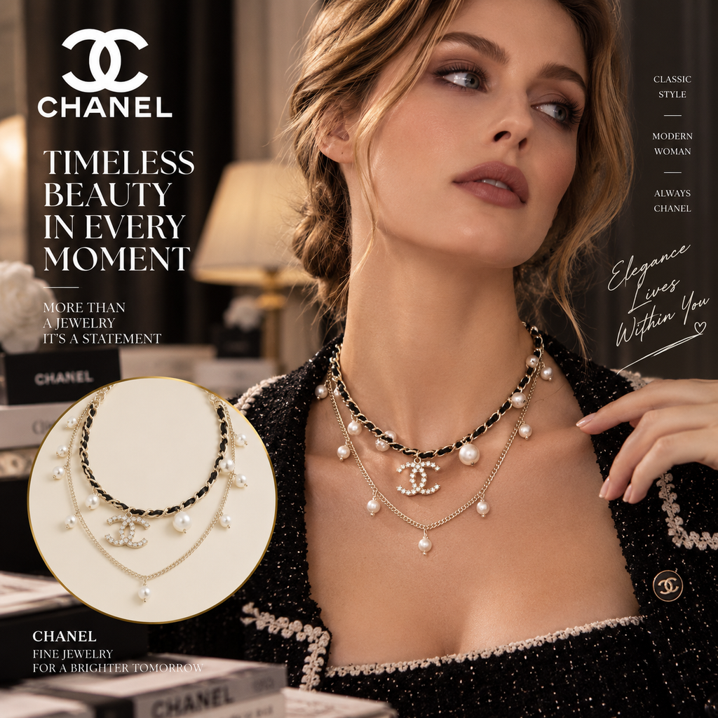 CHANEL Layered Double-C Chain with Pearl-Style Drops