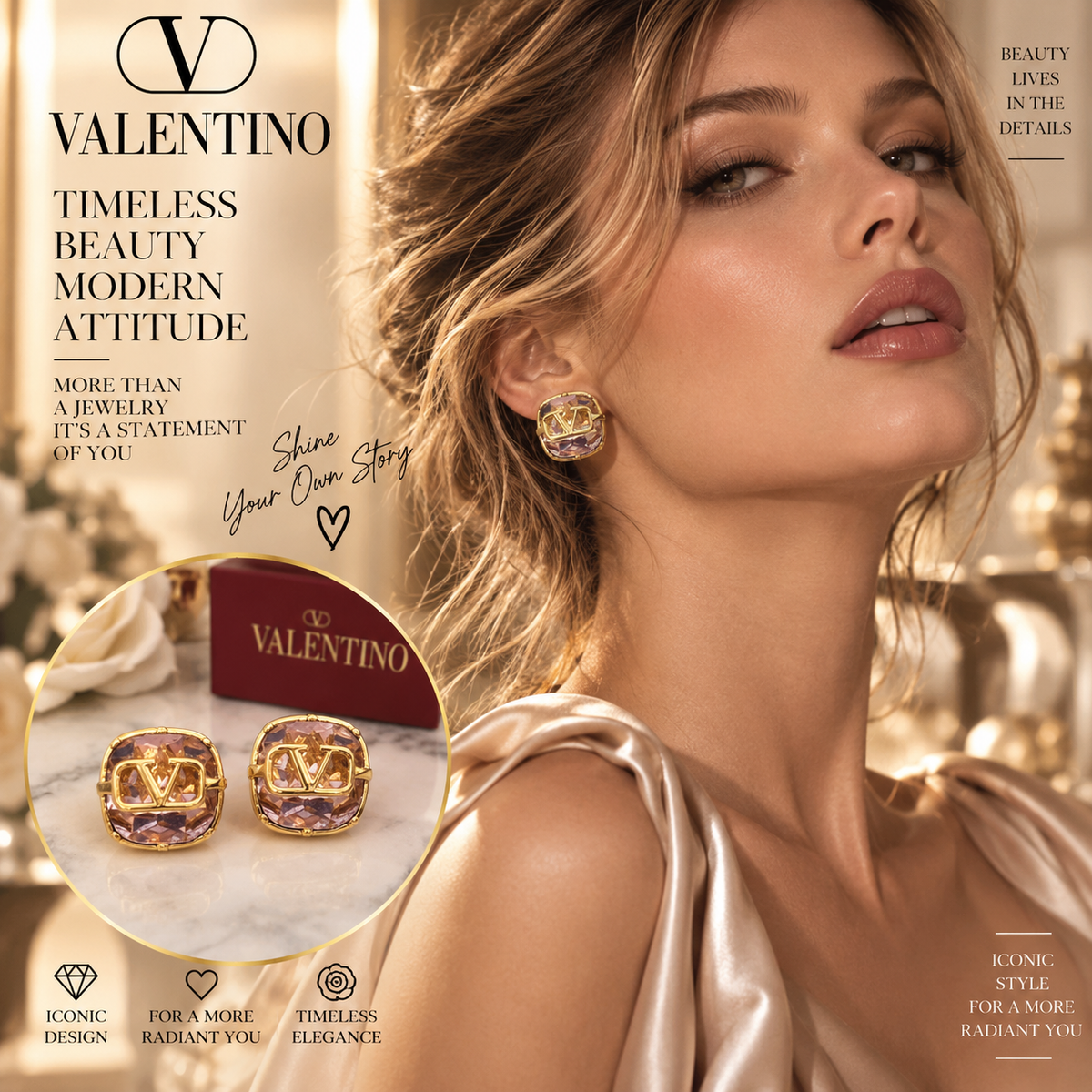 Valentino Pink Faceted Stud Earrings with Gold-Tone V Detail
