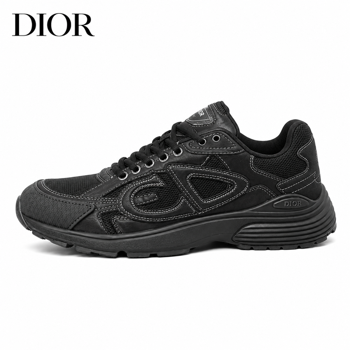 Dior B30 Sneaker — Triple Black, CD Logo Relief & White Contrast Stitching, Men’s EU 38–44
