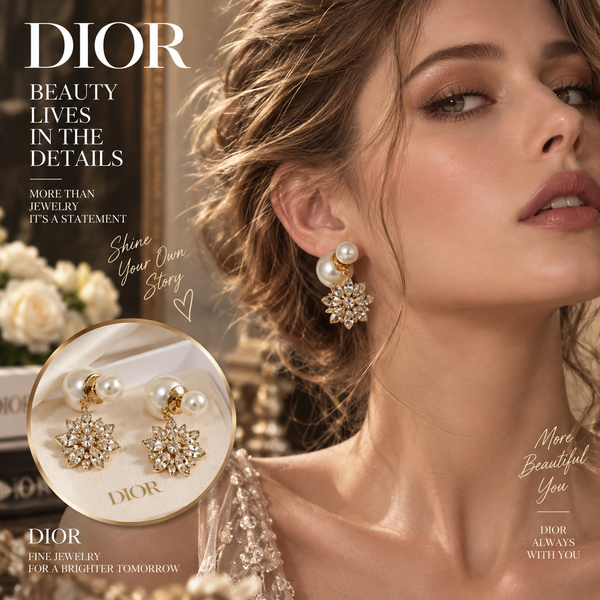 DIOR Pearl-Style Earrings with Sparkling Floral Drops
