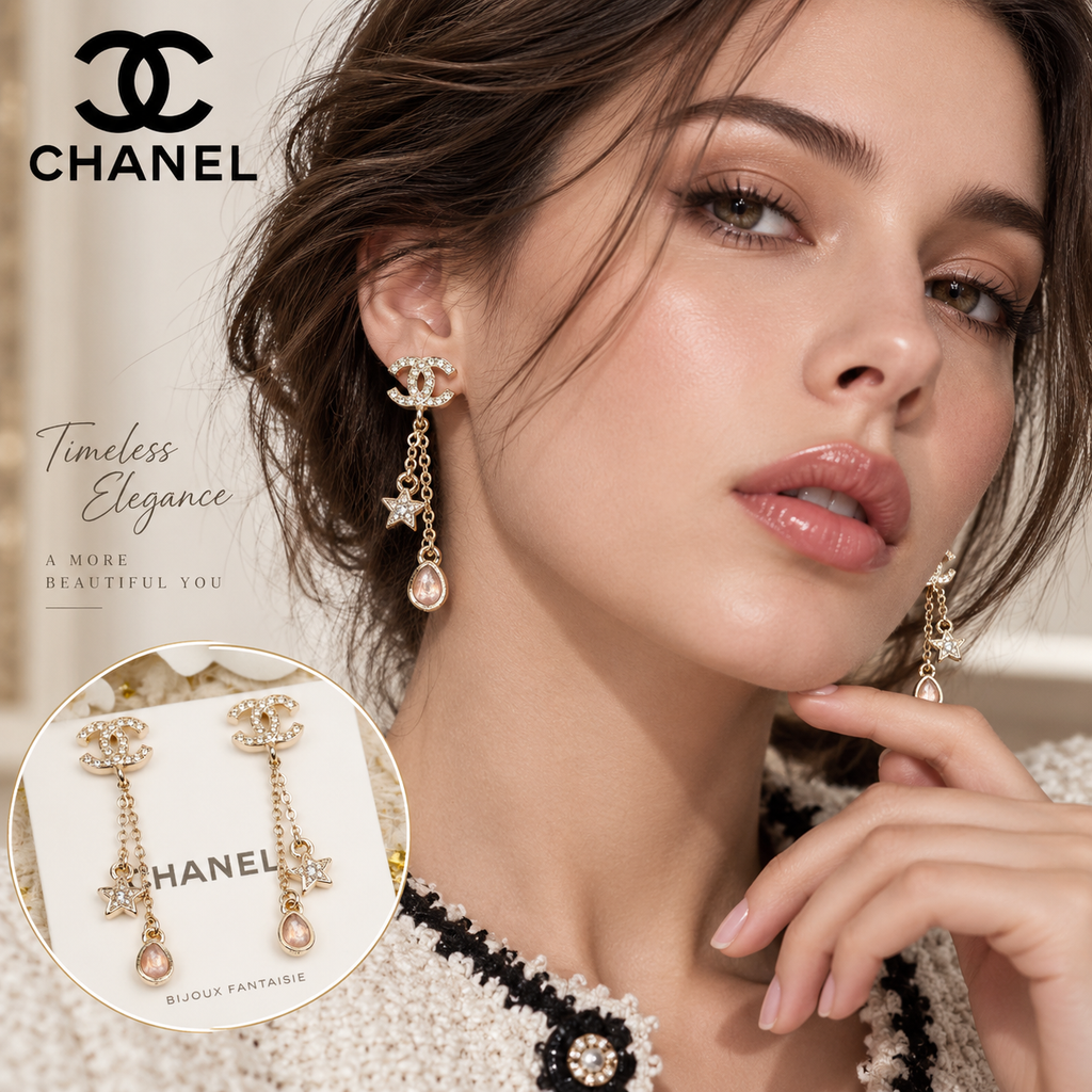 CHANEL Crystal Double-C Heart Tassel Earrings