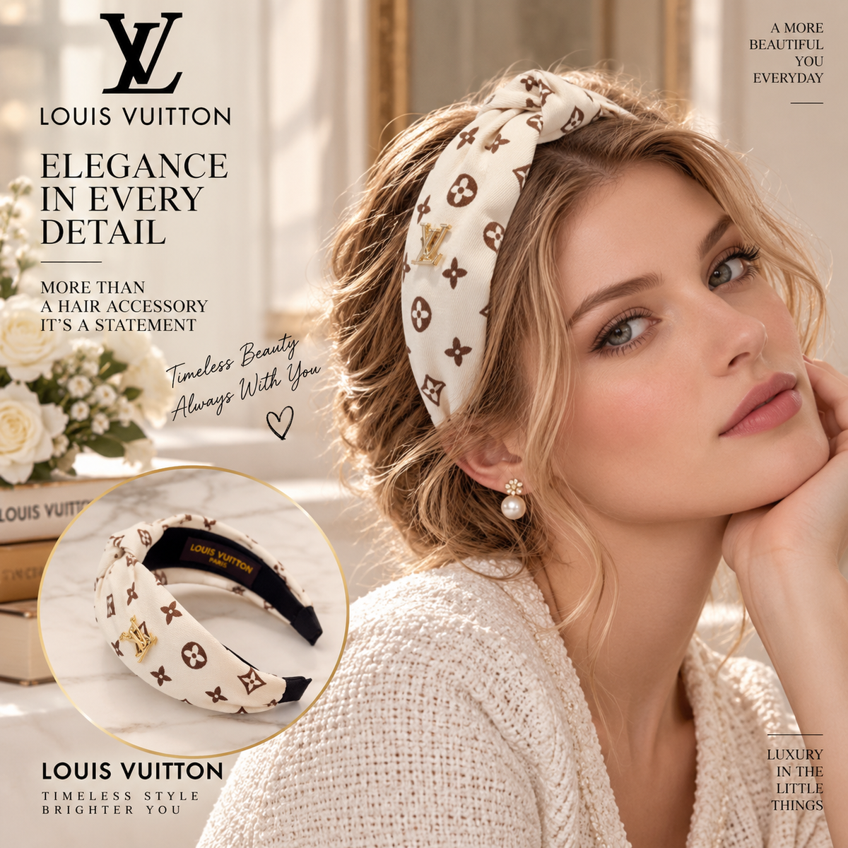 LOUIS VUITTON Cream and Brown Monogram Top-Knot Headband