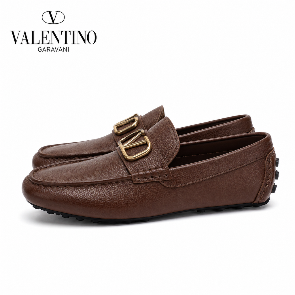 Valentino Brown Driving Loafers with Gold-Tone V Hardware