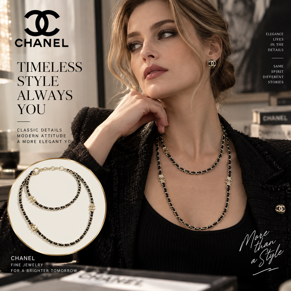 CHANEL Leather-Woven Chain Double-C Long Necklace