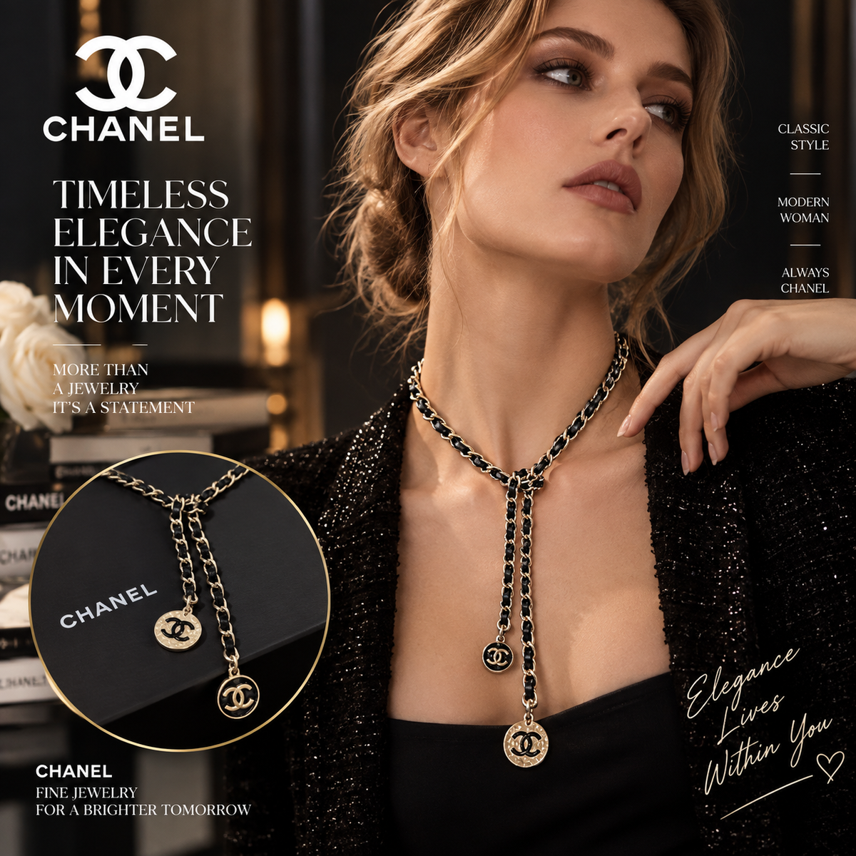 CHANEL Black & Gold-Tone Y Necklace with Double-C Medallion Drops