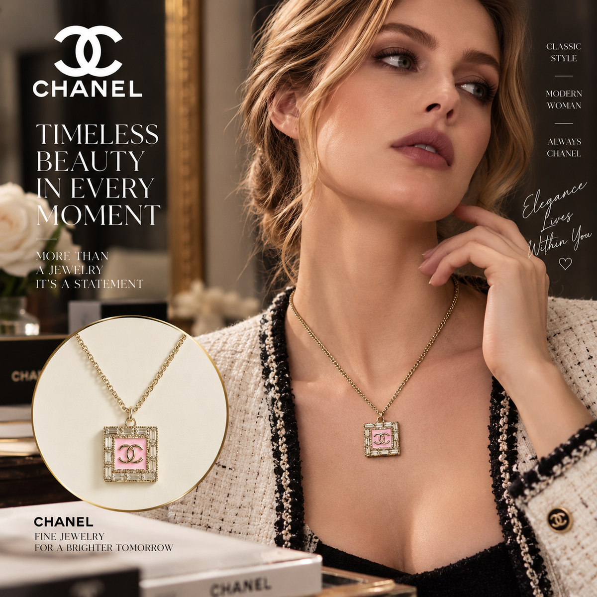 CHANEL P90 Geometric Square Double-C Pendant Necklace