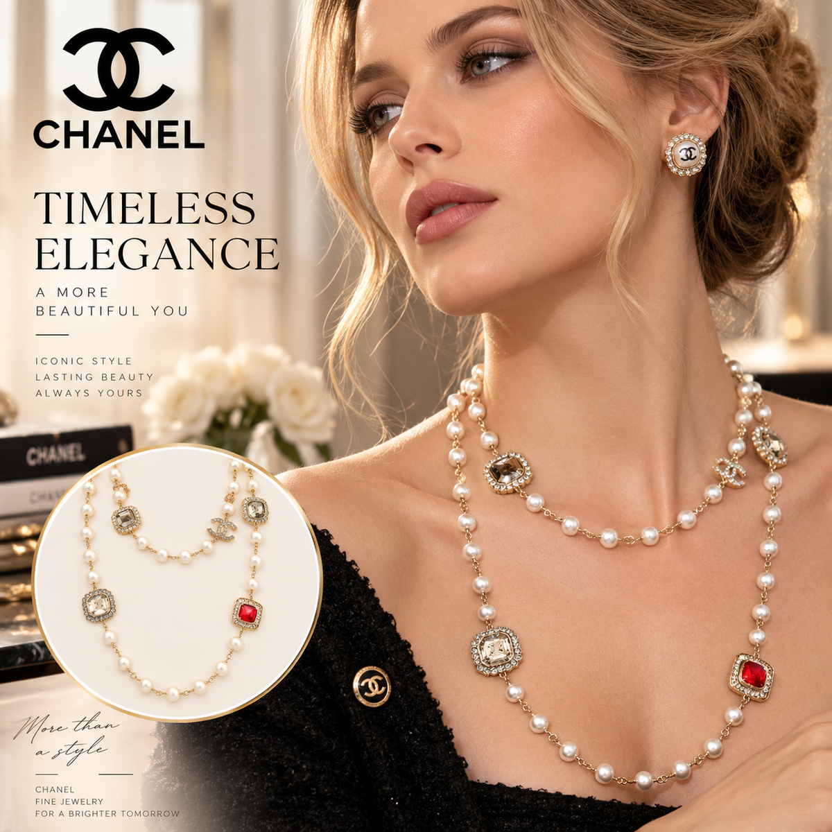 CHANEL Long Pearl Station Necklace with Crystal and CC Charm