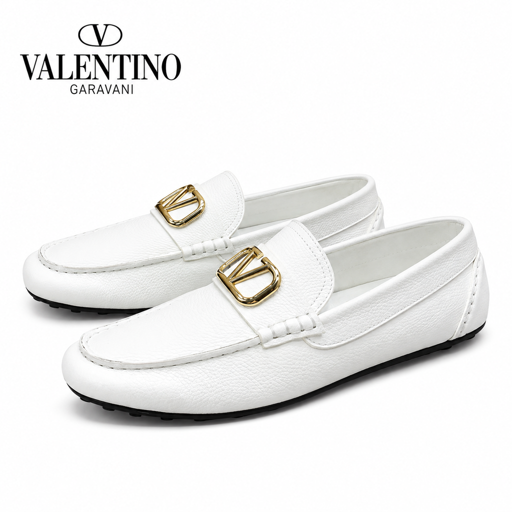 Valentino White Driving Loafers with Gold-Tone V Hardware
