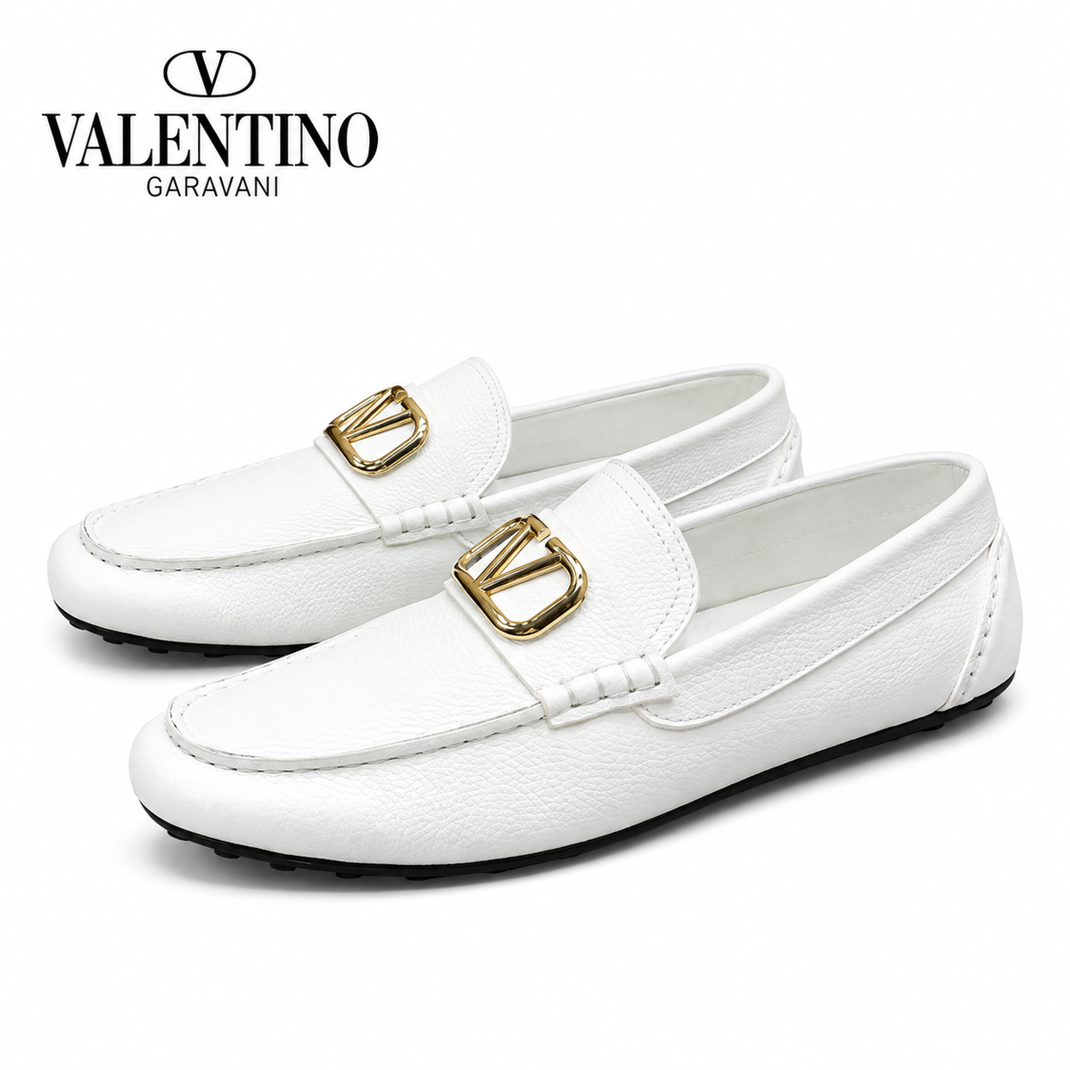 Valentino White Driving Loafers with Gold-Tone V Hardware