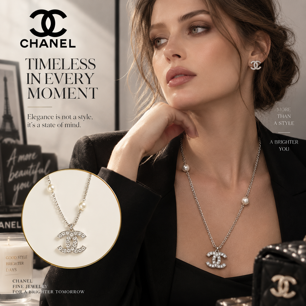 CHANEL Crystal Necklace with CC Pendant and Pearl Accents