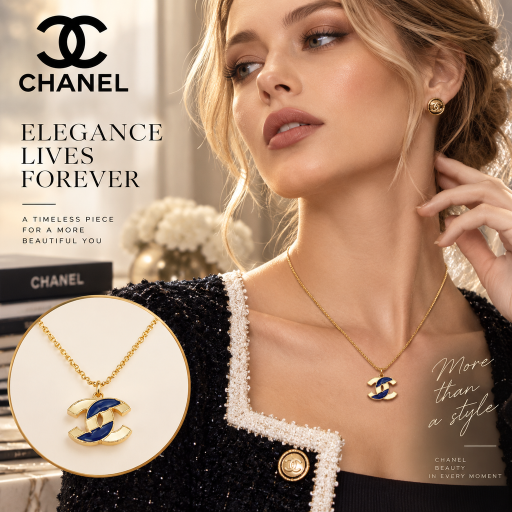 CHANEL Gold-Tone CC Pendant Necklace with Blue Accent