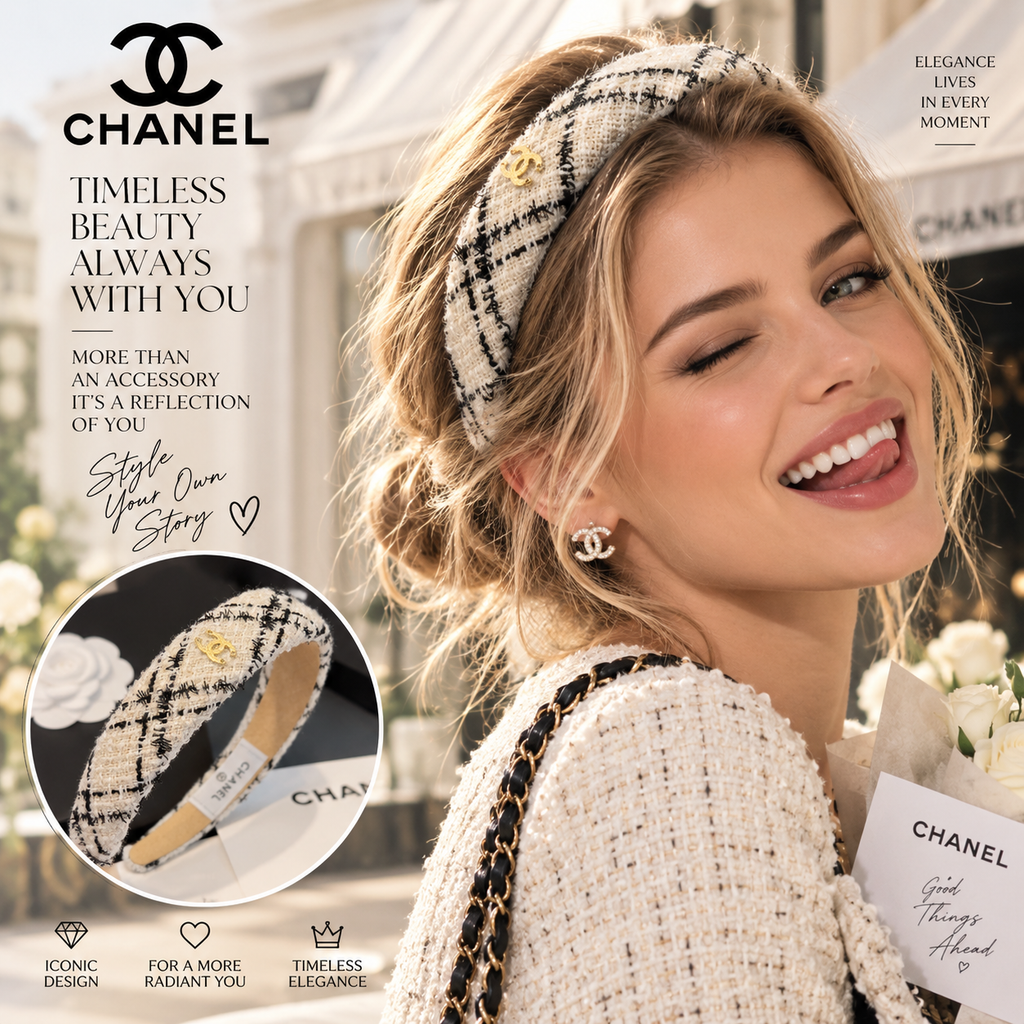 CHANEL Ivory and Black Plaid Headband with Gold-Tone CC