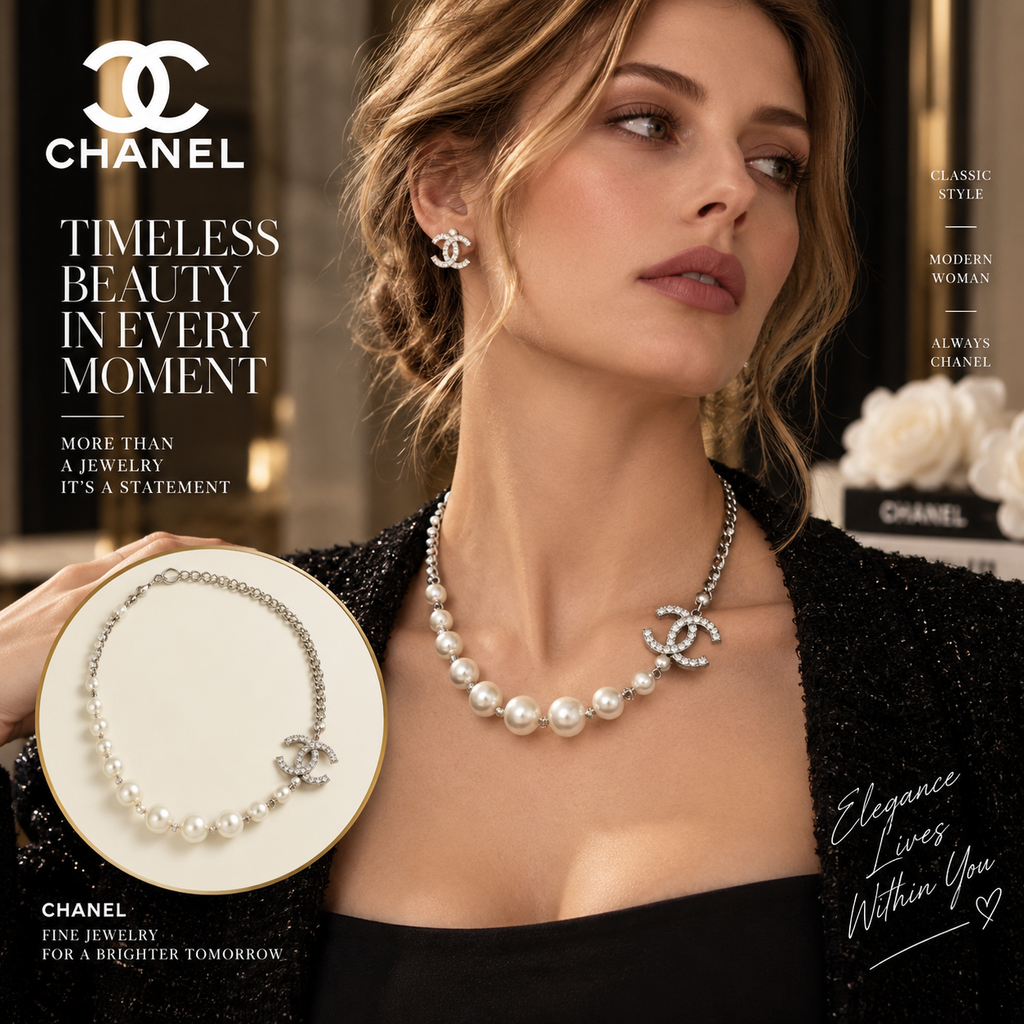 CHANEL Pearl-Style & Crystal Double-C Asymmetric Necklace