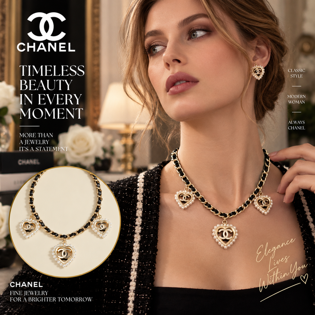 CHANEL Black & Gold-Tone Chain Necklace with Three Double-C Charms