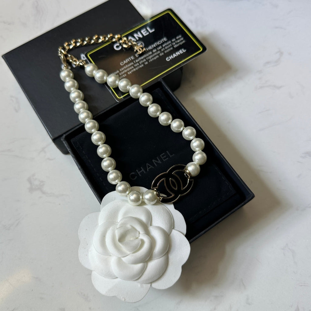 CHANEL Pearl Crystal Double-C Long Necklace