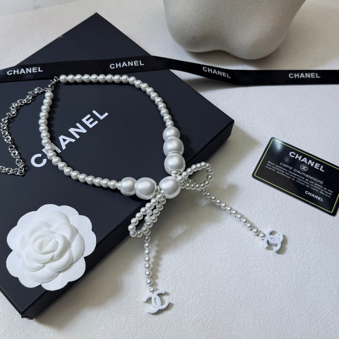CHANEL Pearl Bow Necklace