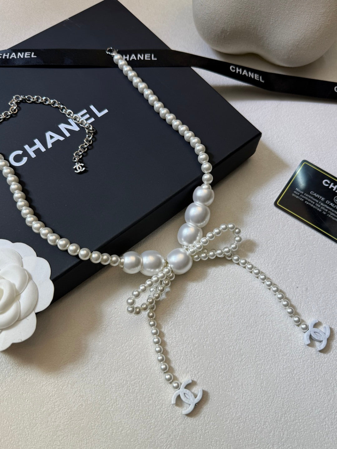 CHANEL Pearl Bow Necklace