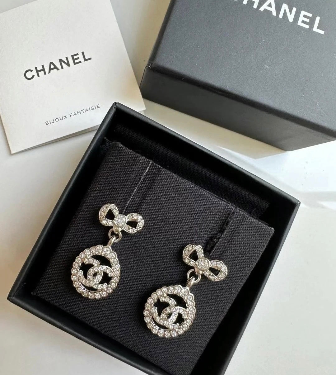 CHANEL P55 Crystal Double-C Bow Earrings