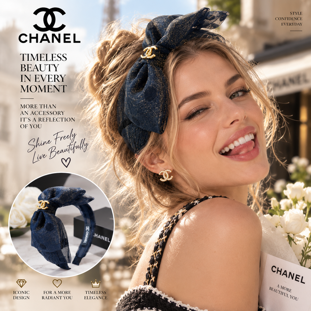 CHANEL Shimmer Bow Headband with Gold-Tone CC Detail