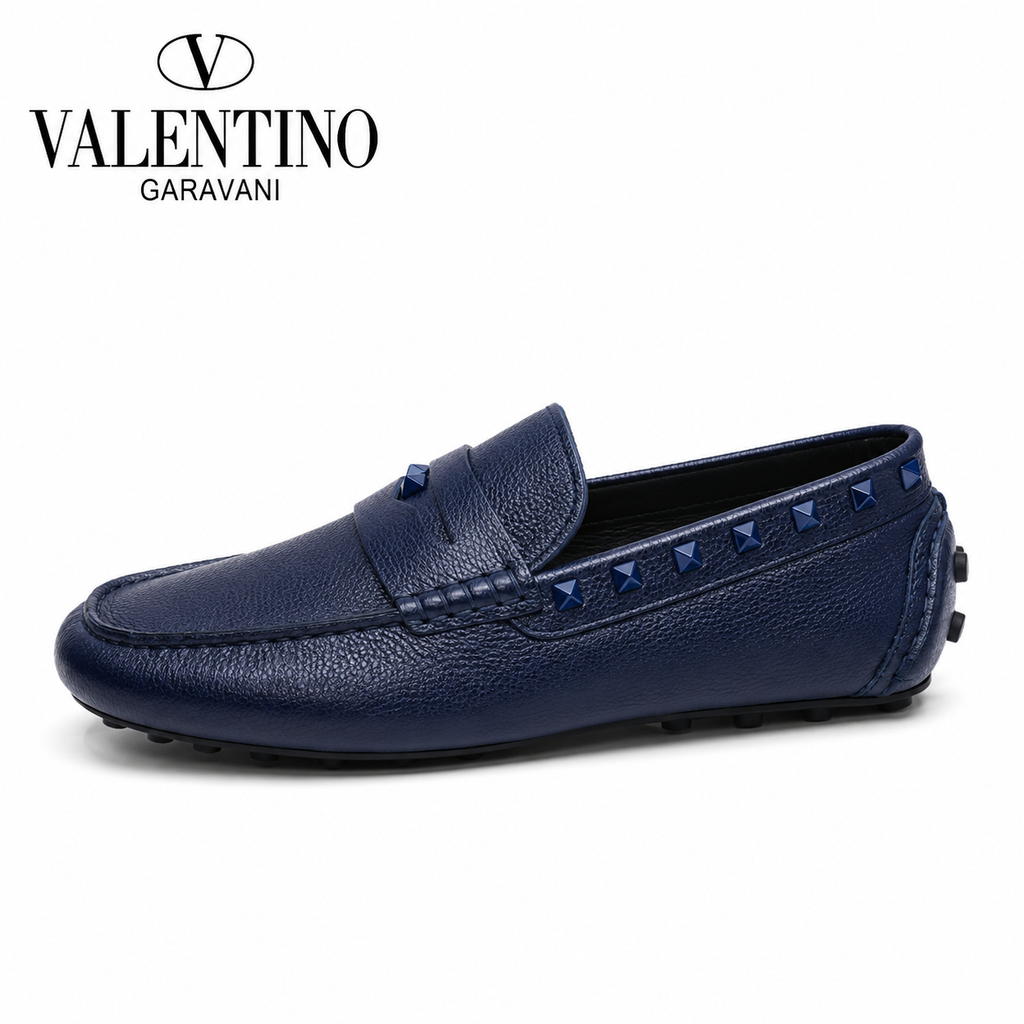 Valentino Navy Blue Studded Driving Loafers with Textured Finish