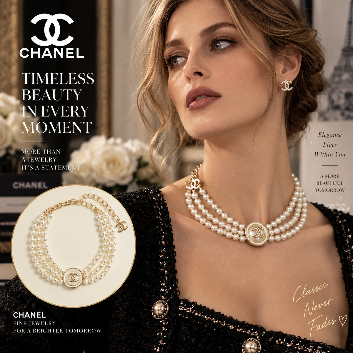 CHANEL Multi-Strand Pearl-Style Necklace with Round Double-C Medallion