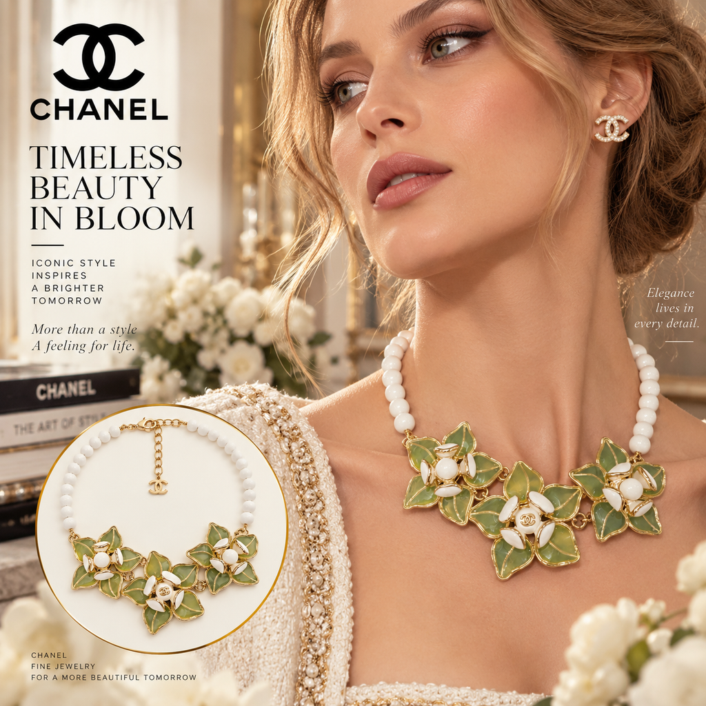 CHANEL Enamel Camellia Flower Necklace with White Beads