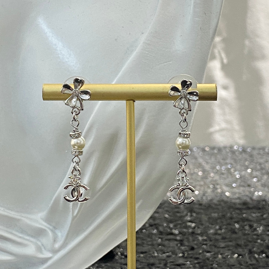 CHANEL Pearl Crystal Four-Leaf Clover Earrings