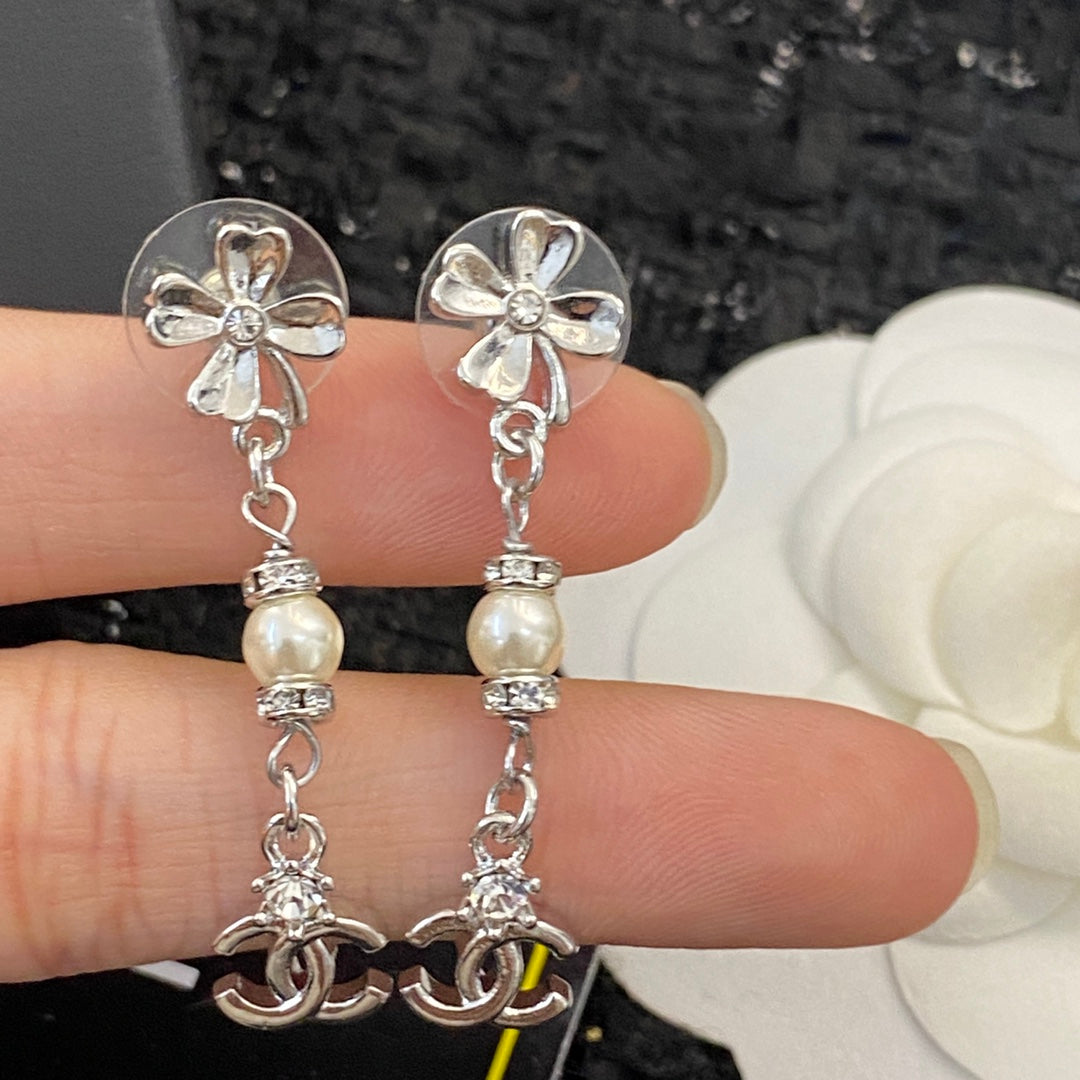 CHANEL Pearl Crystal Four-Leaf Clover Earrings