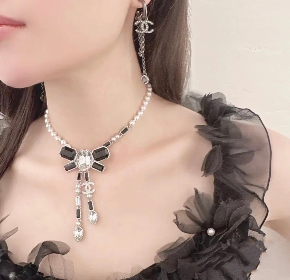 CHANEL Pearl Crystal Bow Necklace