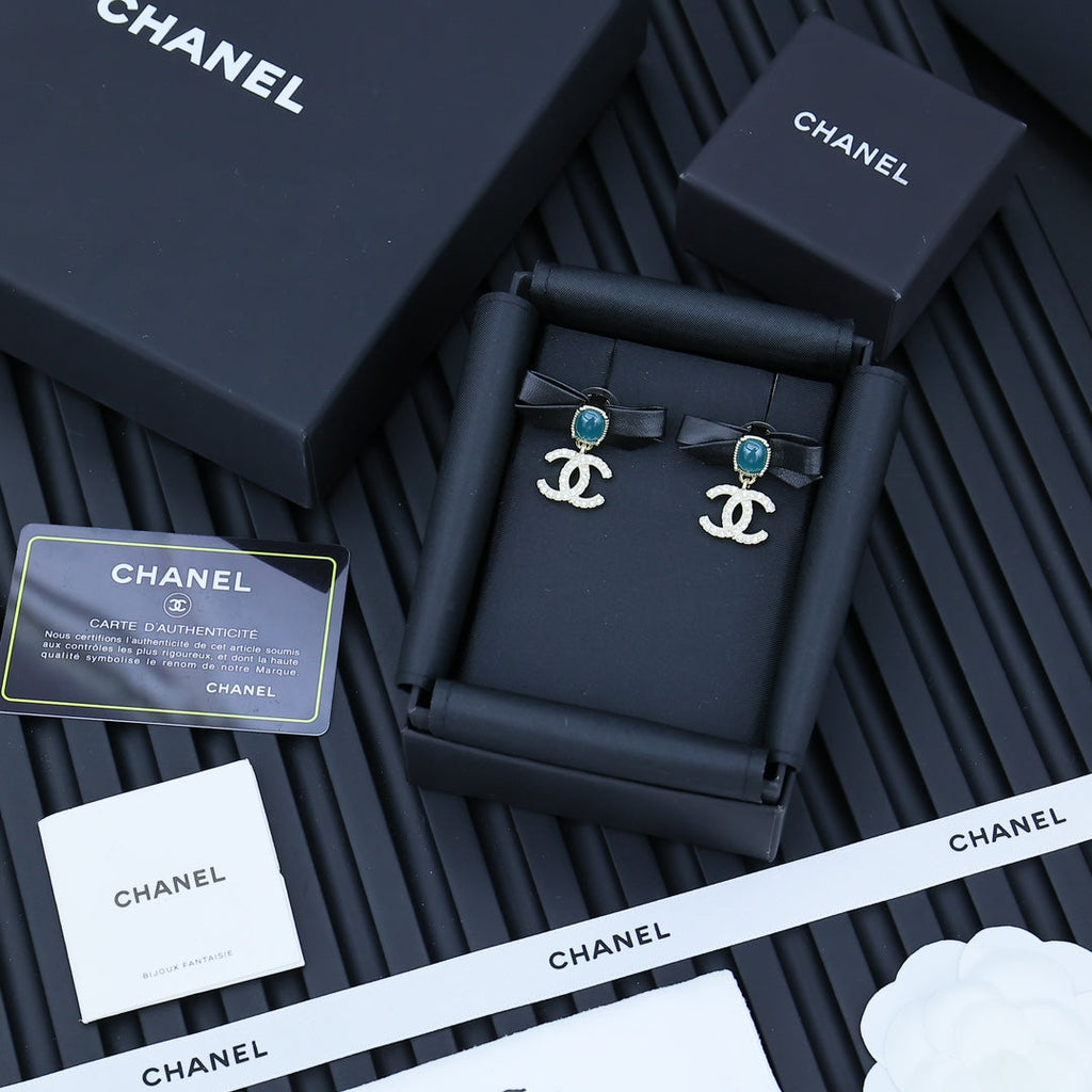 CHANEL Pearl Crystal Bow Earrings