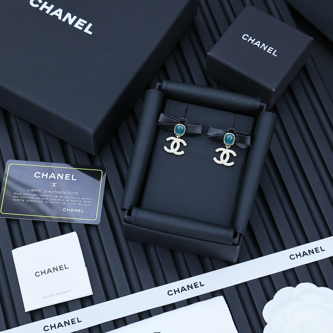 CHANEL Pearl Crystal Bow Earrings