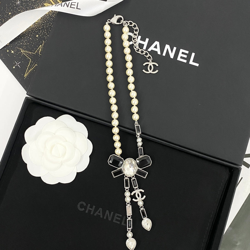 CHANEL Pearl Crystal Bow Necklace