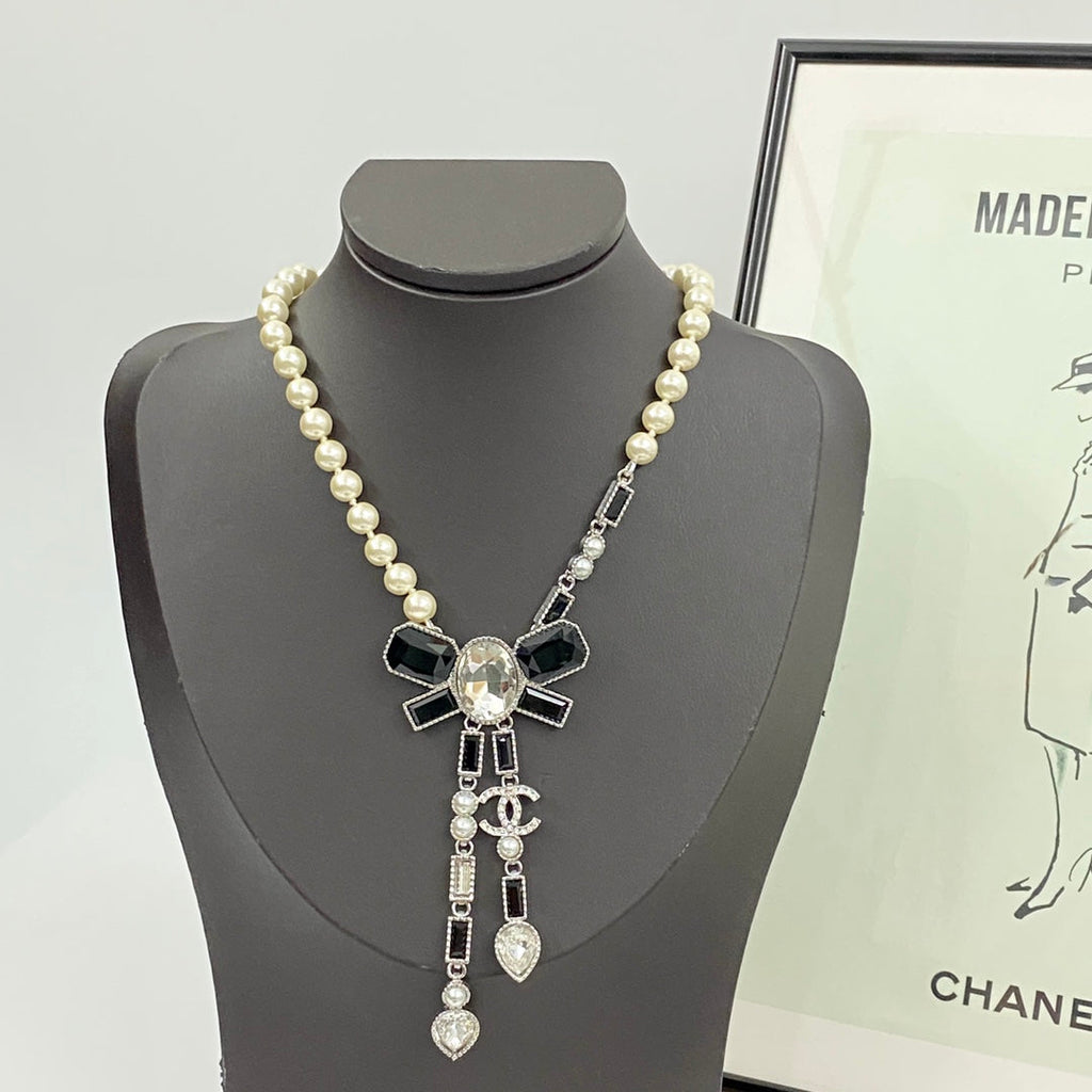 CHANEL Pearl Crystal Bow Necklace