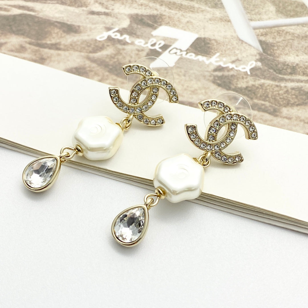 CHANEL Pearl Crystal Mother-of-Pearl Earrings