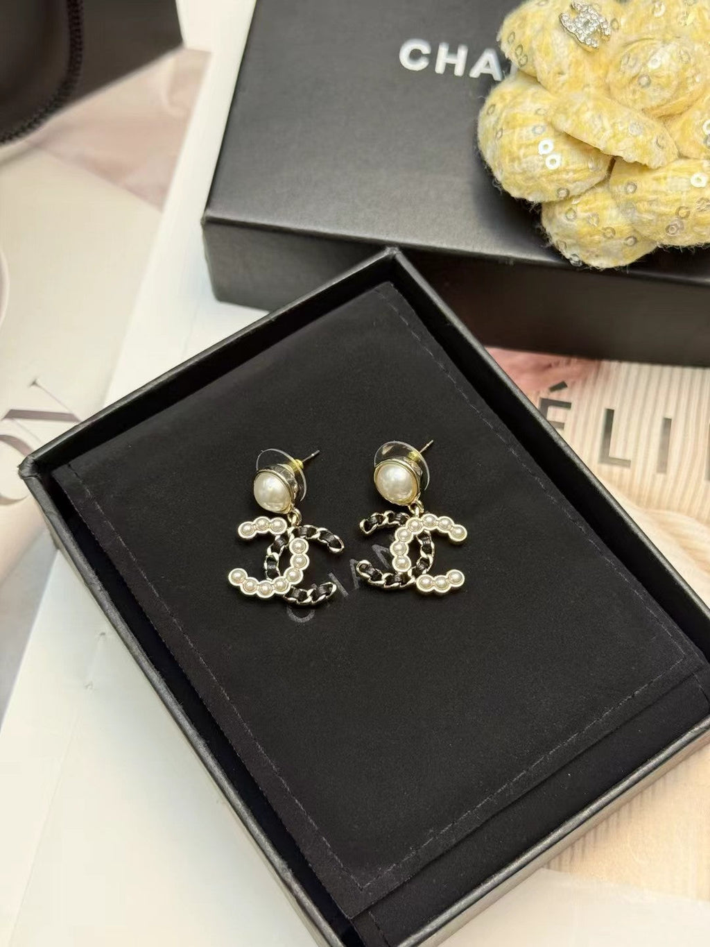 CHANEL Pearl Black Silk Earrings