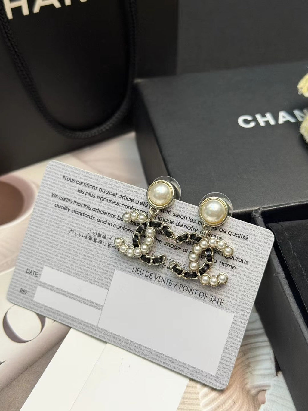 CHANEL Pearl Black Silk Earrings