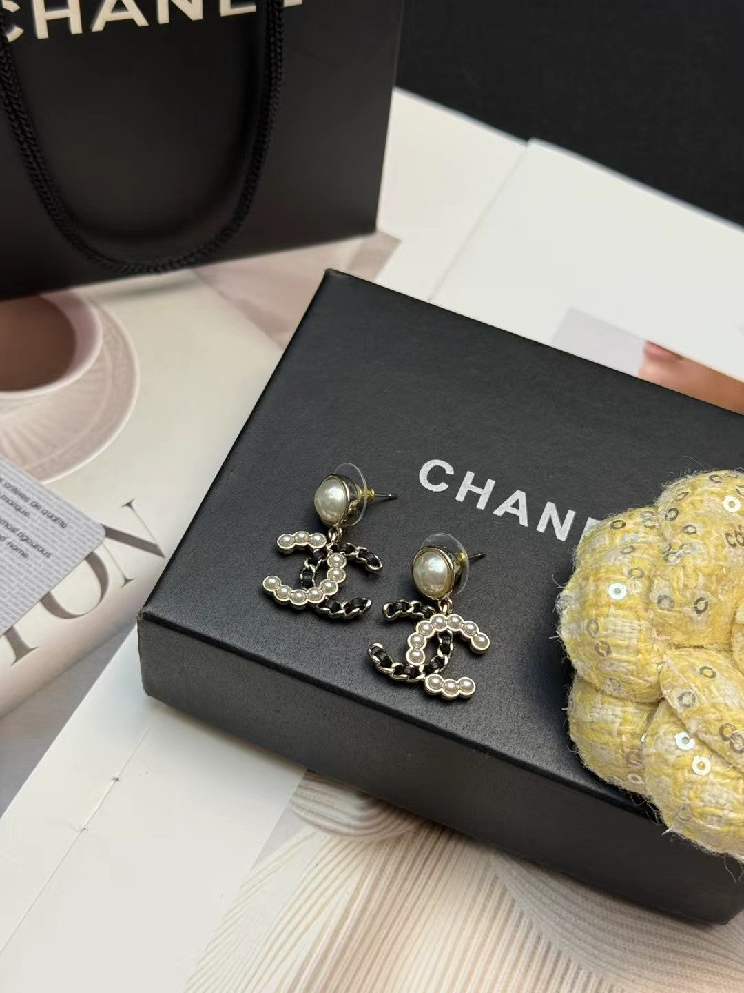 CHANEL Pearl Black Silk Earrings