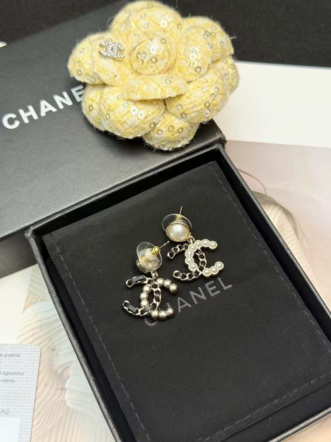 CHANEL Pearl Black Silk Earrings