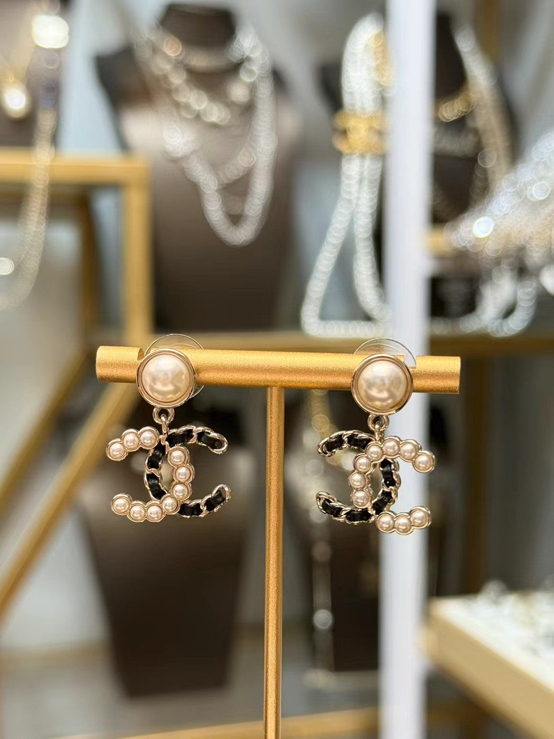 CHANEL Pearl Black Silk Earrings