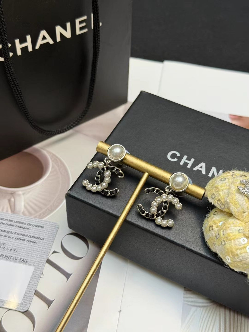 CHANEL Pearl Black Silk Earrings